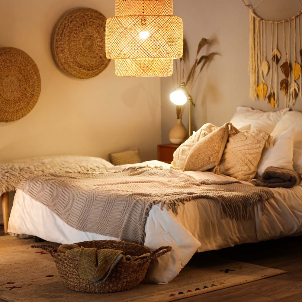 Interior of bedroom with blankets on bed and glowing lamps in evening