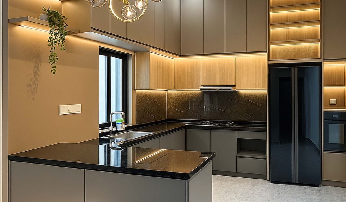 A high-end modern kitchen interior featuring an L-shaped layout with matte taupe and gray cabinetry, sleek black countertops, integrated LED lighting, marble-look flooring and minimalist hanging light