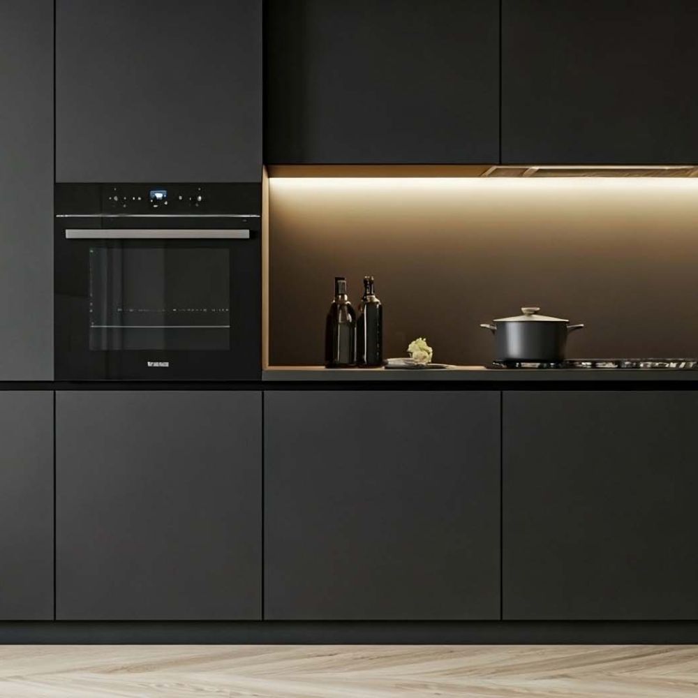Indoor photo of dark modern kitchen interior at evening front view