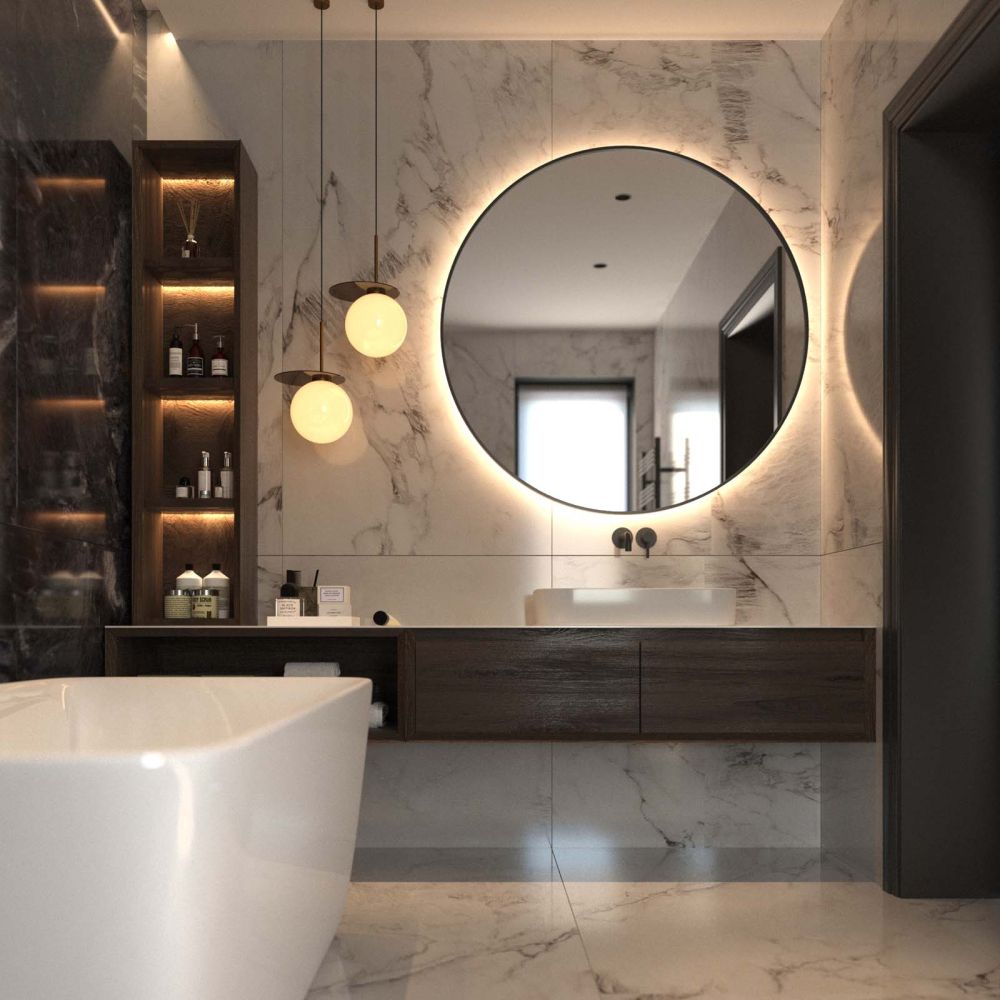Modern luxury bathroom 3d renders, marble or wooden effect tiles, freestanding tub. Warm lighting and sleek fixtures create a spa-like ambiance. Elegant, minimalist, contemporary design