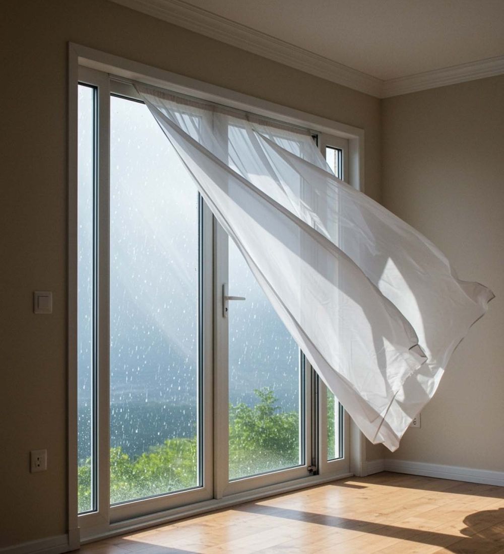 show ventilation in the houseshow wind blowing from window and curtain moving in the rainy day