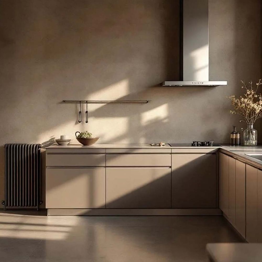 City kitchen scene of modern kitchen, luxury, mocha mousse color, bright, with an empty left side for a radiator. view of the image of the corner. kitchen only in the bottom, right window, left side empty