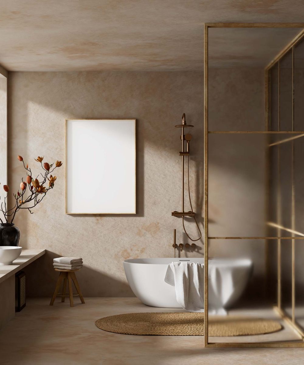 Modern bathroom interior featuring mock up poster frame, freestanding bathtub, natural stone surfaces, spa inspired atmosphere, warm neutral colors and minimalist luxury decor style. 3D illustration.